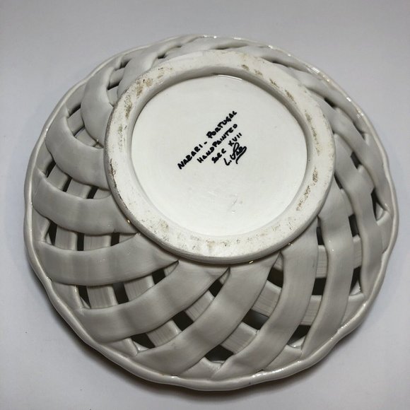 Hand Painted Nazari Pottery Portugal Lattice Weave Centerpiece Bowl Round 8" - Picture 3 of 6
